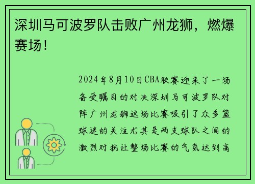 深圳马可波罗队击败广州龙狮，燃爆赛场！